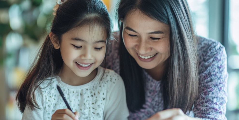 A child happily learning with her mother
