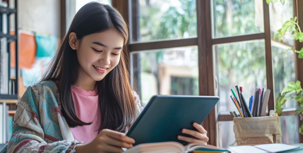 Teenage girl learning with BrainFit using tablet and books at home