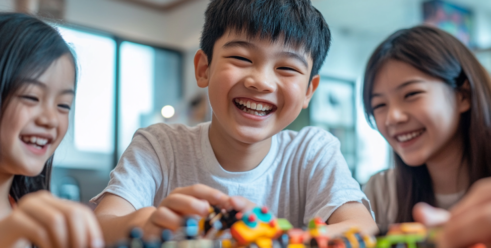 Happy children building with toys at BrainFit – fostering brain development, creativity, and problem-solving skills through play