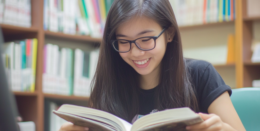 Smiling girl reading a book at BrainFit – strengthening motivation, focus, and cognitive confidence through engaging activities