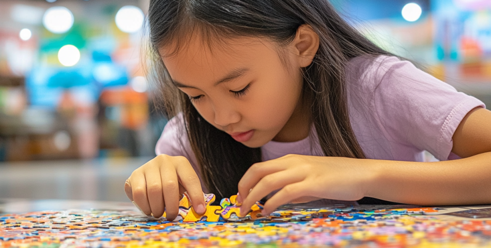 Young girl concentrating on puzzle activity – supporting cognitive growth in children through focused problem-solving at BrainFit