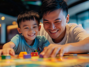 A young boy learning with BrainFit with his parent by solving puzzles together 