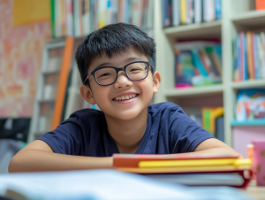 A teenage boy happily learning with BrainFit at a desk, studying