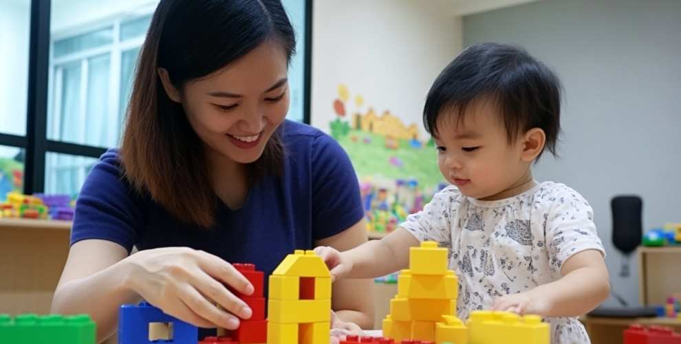 A parent playing with their child using building blocks in a homely environment