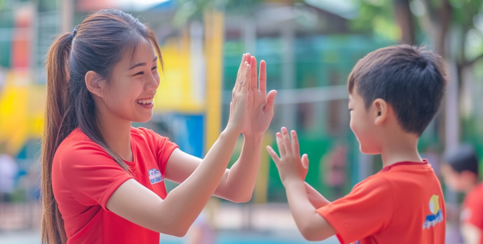 A photo of a coach guiding a primary school-age child through an activity. Highlights the blended model of digital + human coaching, and shows BrainFit Scholar in a relatable, practical context.