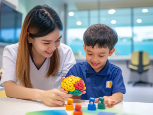 A child engaged in a brain training exercise with a trained facilitator at BrainFit.It differentiates scientific training from casual DIY activities and highlights BrainFit’s structured approach.