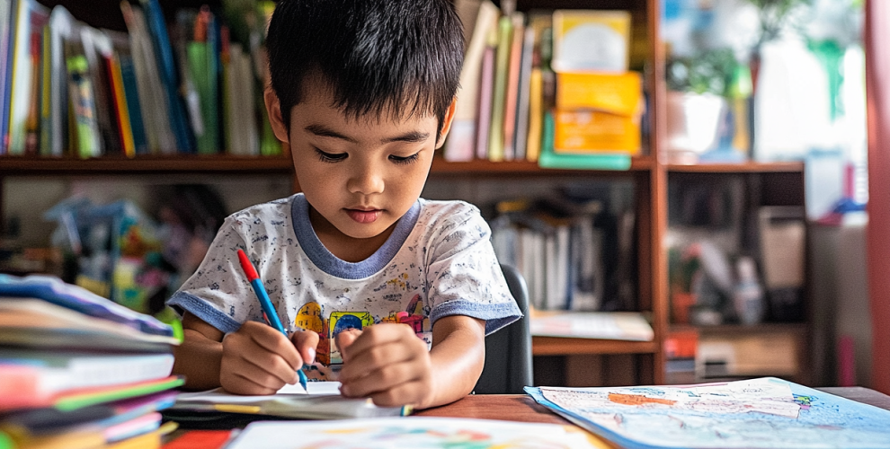 A child at a desk focused on doing homework.