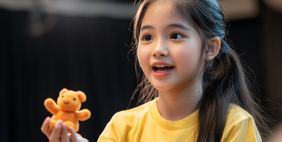 A young girl uses objects as puppets to tell a story to her classmates to understand.