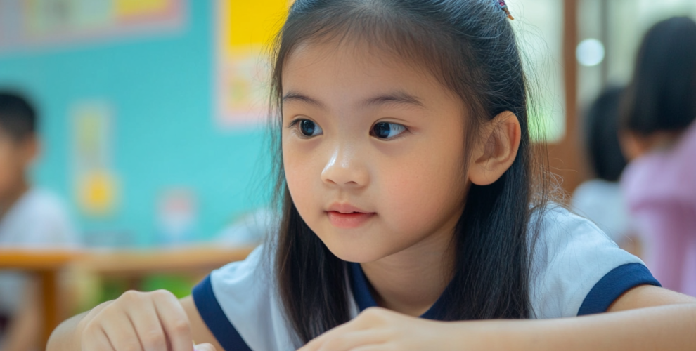 Child concentrating on solving a word problem