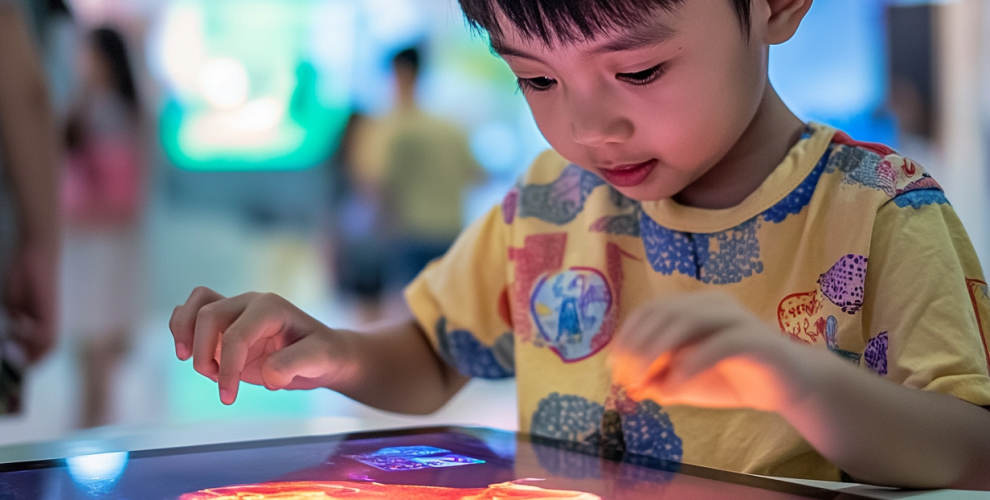 A child interacting with a science animation on a tablet