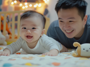 A baby enjoying tummy time with his dad to strengthen his muscles.