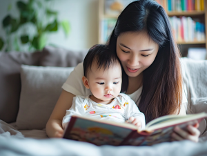 A parent reading a picture book to her baby.