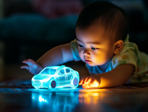 A baby interacting with a cause-and-effect light-up toy car.