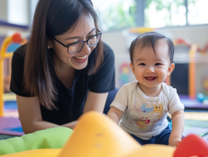 A structured BrainFit Baby session between a baby and her mother.
