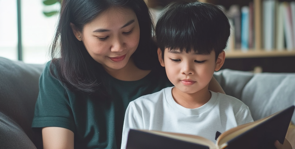 A child nestled in the embrace of his mother’s arms while reading a book.