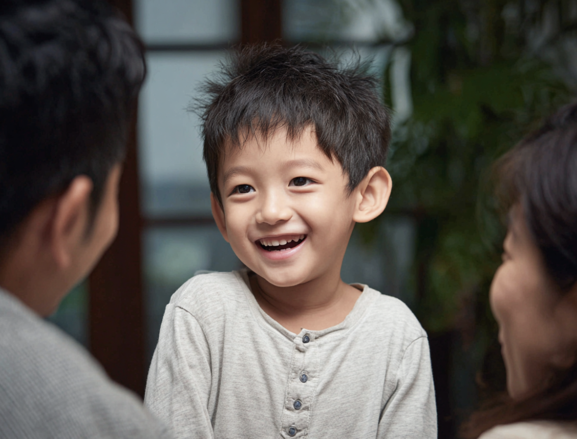 A primary school child happily conversing with his parents calmly to show emotional intelligence when communicating.
